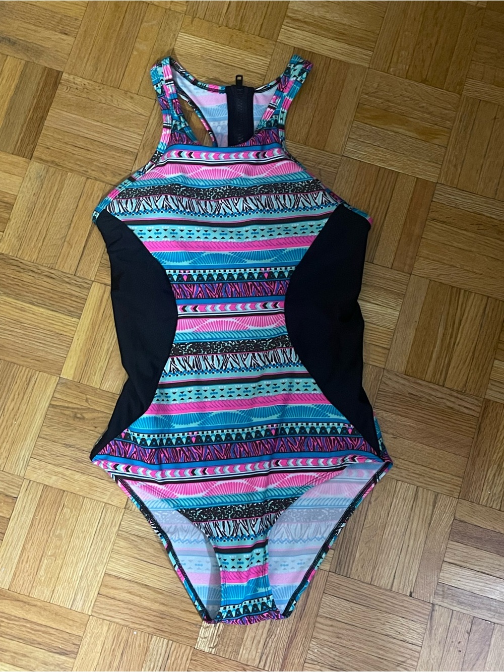 Striped Pink & Teal One-Piece Swimsuit with Black Side Panels